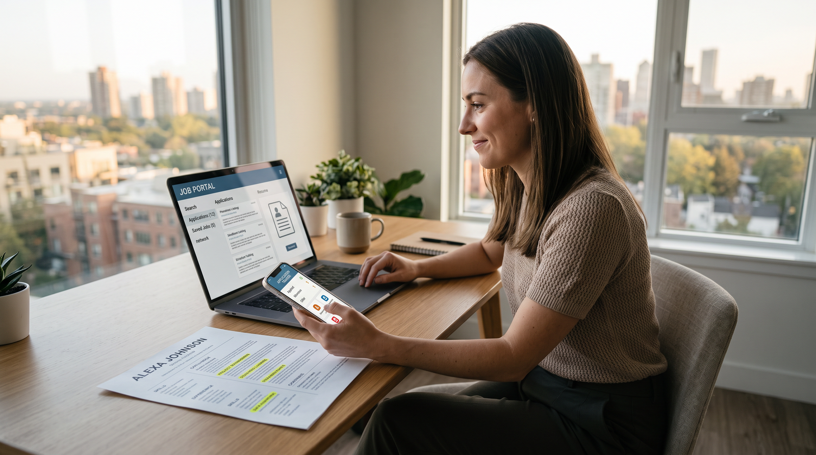 A modern, professional hero image showing a job seeker at a desk with a laptop open to a job search dashboard, a printed resume with highlighted keywords, and a