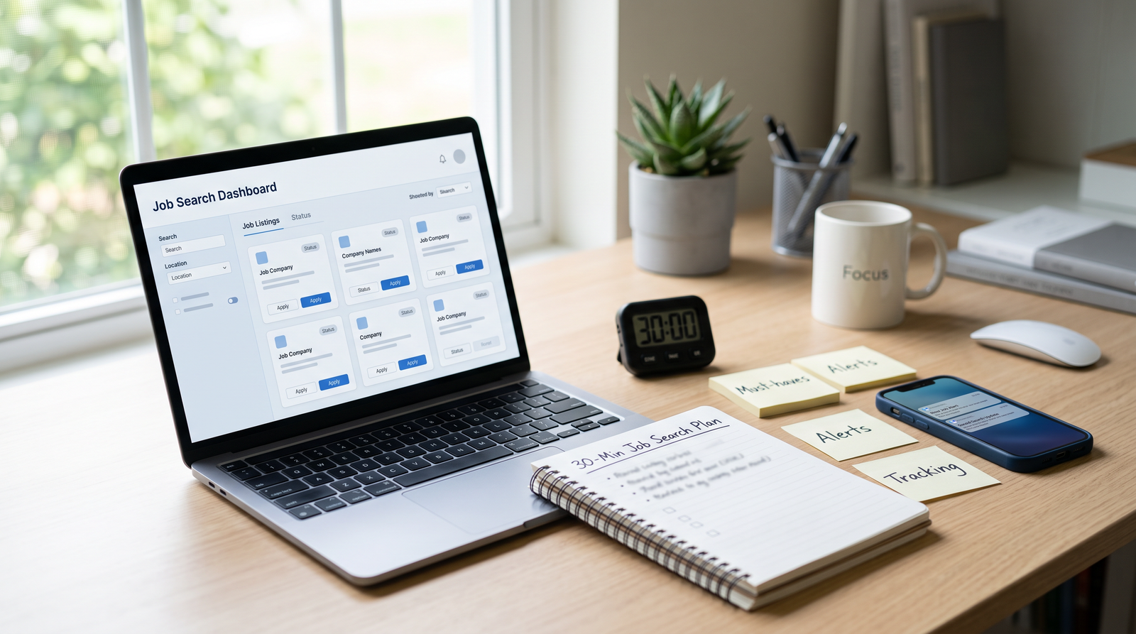 Create a custom professional hero image for a career article about building a personalized job search plan in 30 minutes. Scene: a bright, modern desk setup wit