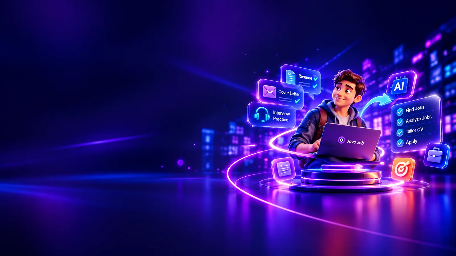 JovoJob AI career assistant — professional using laptop with floating resume, cover letter, interview practice and AI job tools